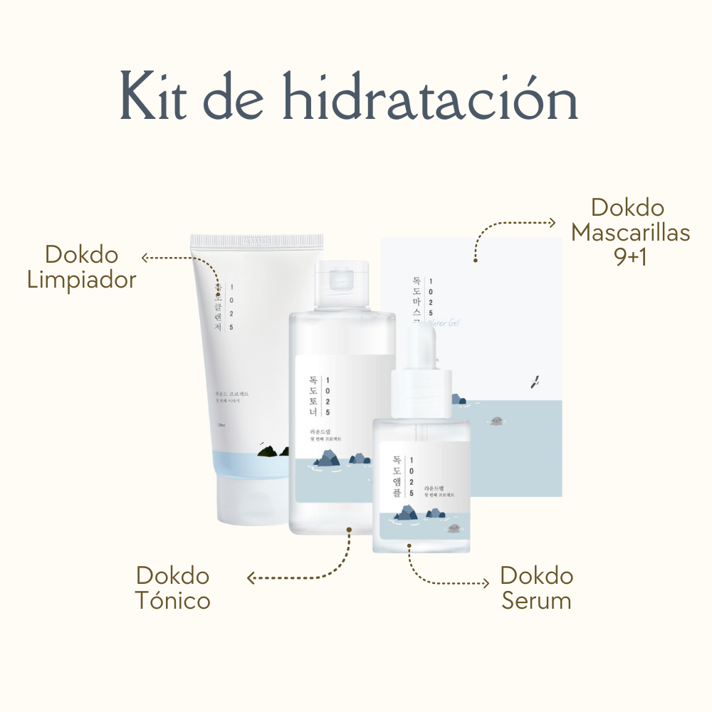 KIT DOKDO Hidratación(Limpiador + Tónico + Serum + Mascarillas 10 piezas) - Round Lab - NADAUN -